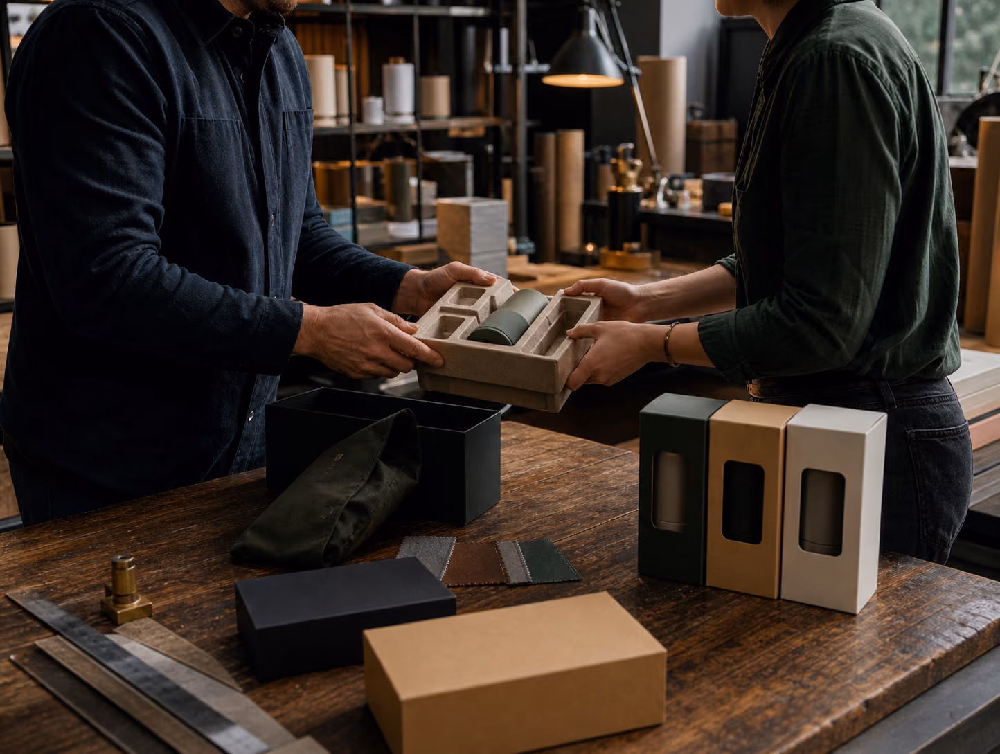 Sourcing partners reviewing a customized product and packaging prototypes
